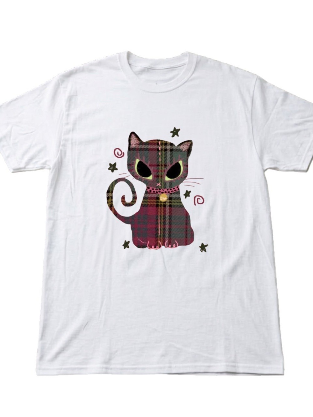 Gildan White Tee with Red Plaid Cat Graphic